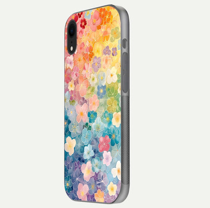 Rainbow Blossom Burst Glass Case for iPhone Xr side-angle image showing reflection and floral burst detail