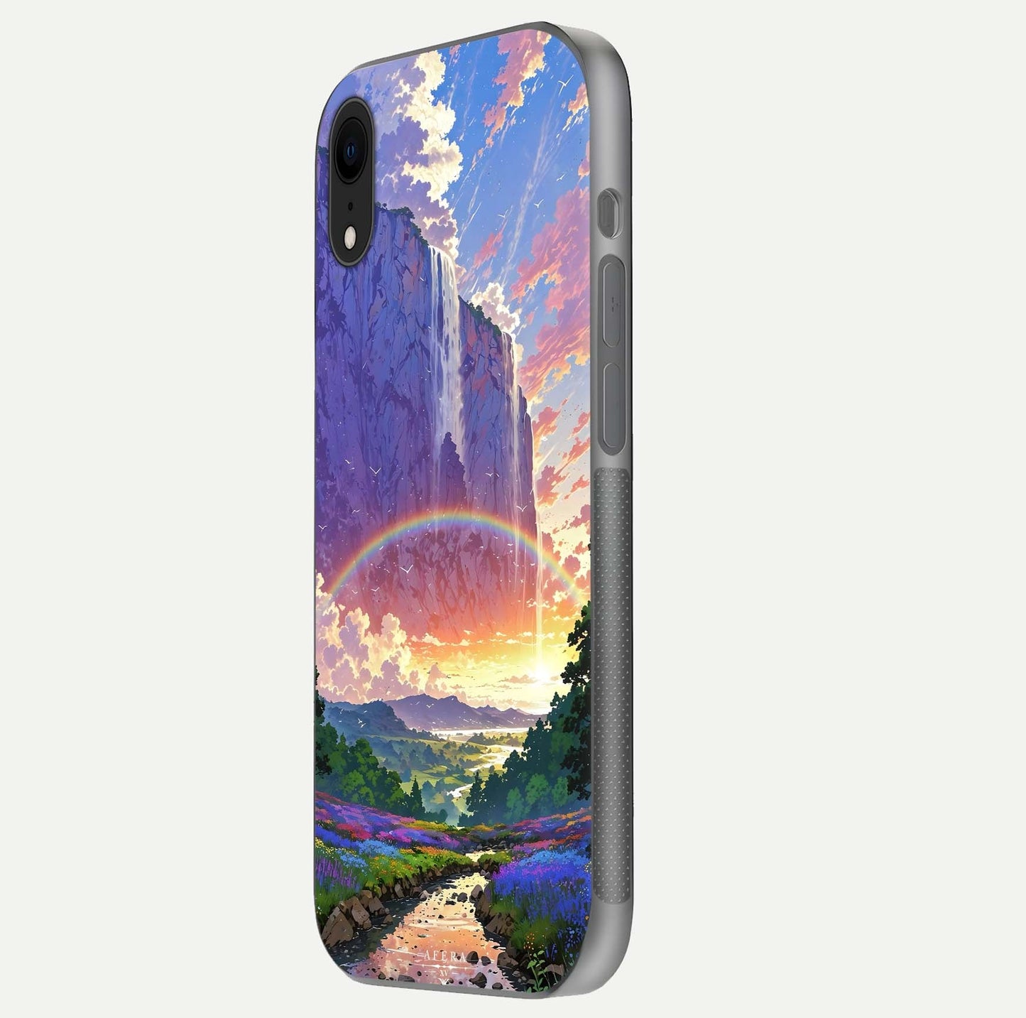 Rainbow Valley Dream Glass Case for iPhone 16 Pro side-angle image showing light reflection and scenic tones