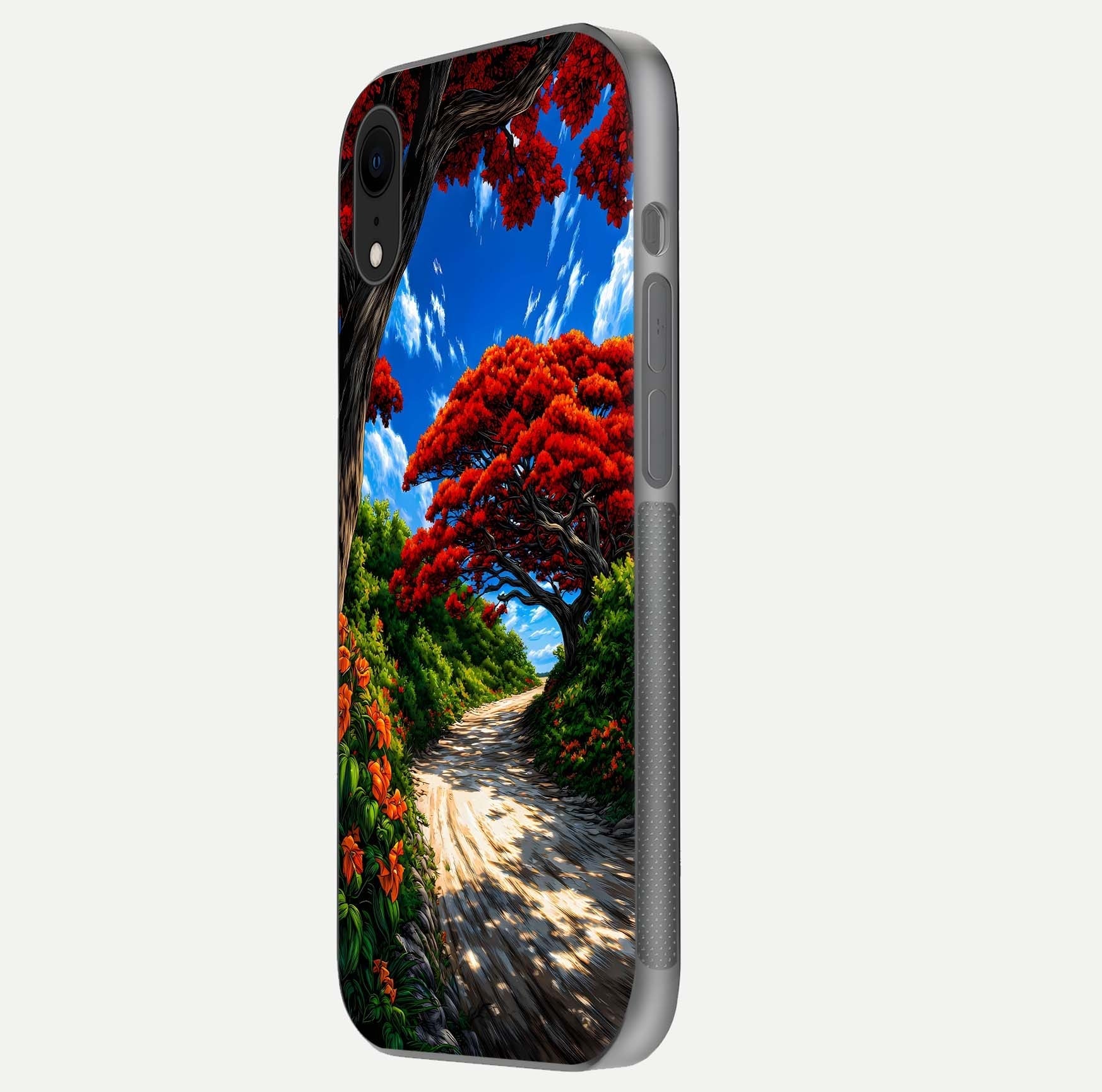 Red Trees Pathway Glass Case for iPhone Xr side-angle image showing reflection and autumn vibe