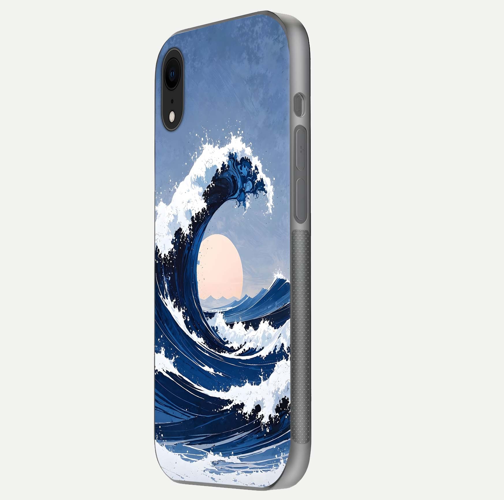 Rising Tide Power Glass Case for iPhone Xr side-angle image showing shine and detailed ocean art