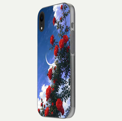 Rose Drift Flowers Glass Case for iPhone Xr side-angle image showing reflection and petal detail