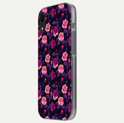 Rose Garden Twilight Glass Case for iPhone Xr side-angle image showing reflection, gloss, and floral detail
