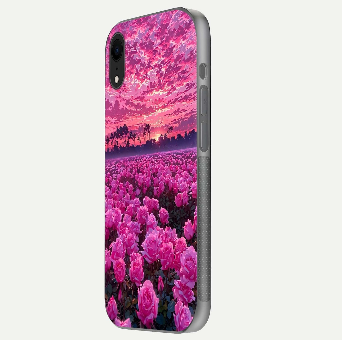 Rose Sunset Valley Glass Case for iPhone Xr side-angle image showing smooth edges and floral glow