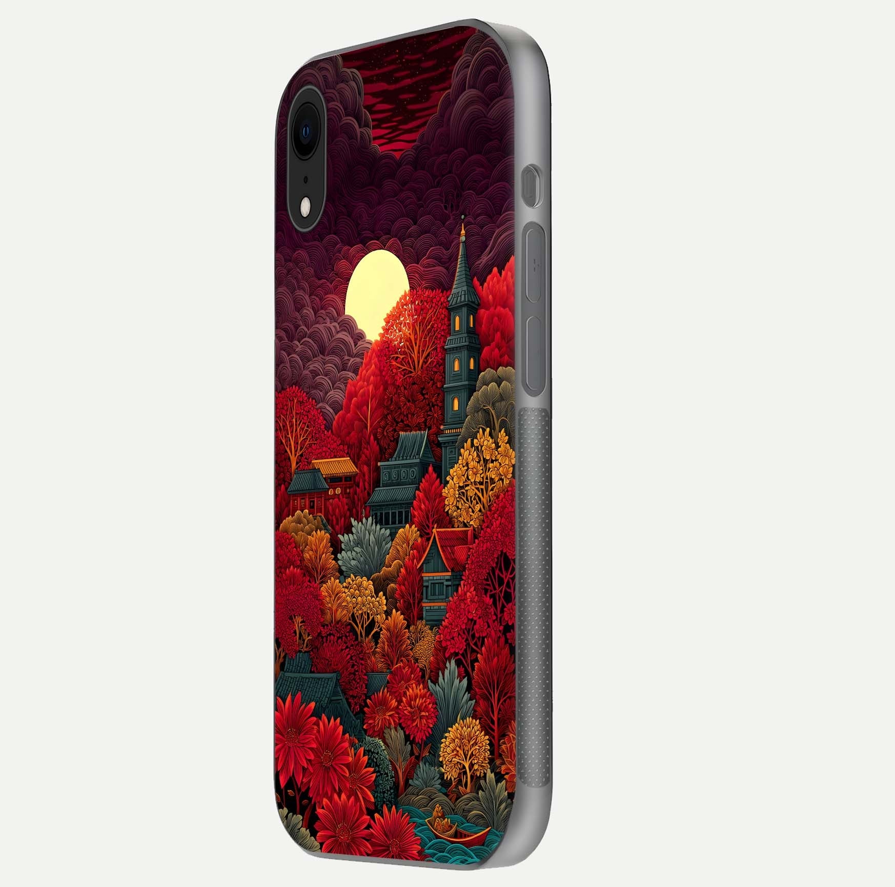 Scarlet Autumn Temple Glass Case for iPhone Xr side-angle image showing color depth and reflection clarity