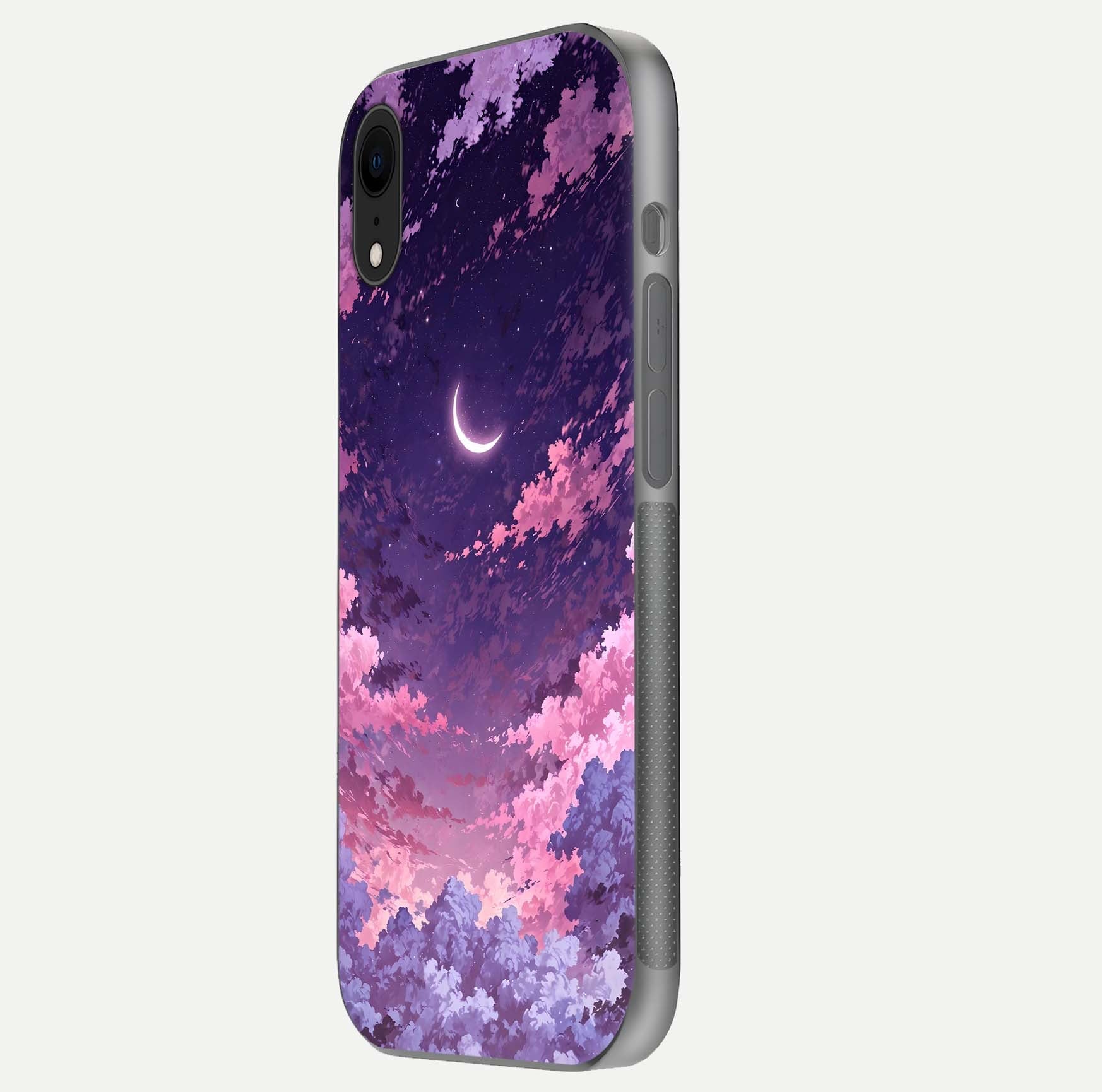 Sky Drift Clouds Glass Case for iPhone Xr side-angle image showing reflection, blue tones, and soft gradient