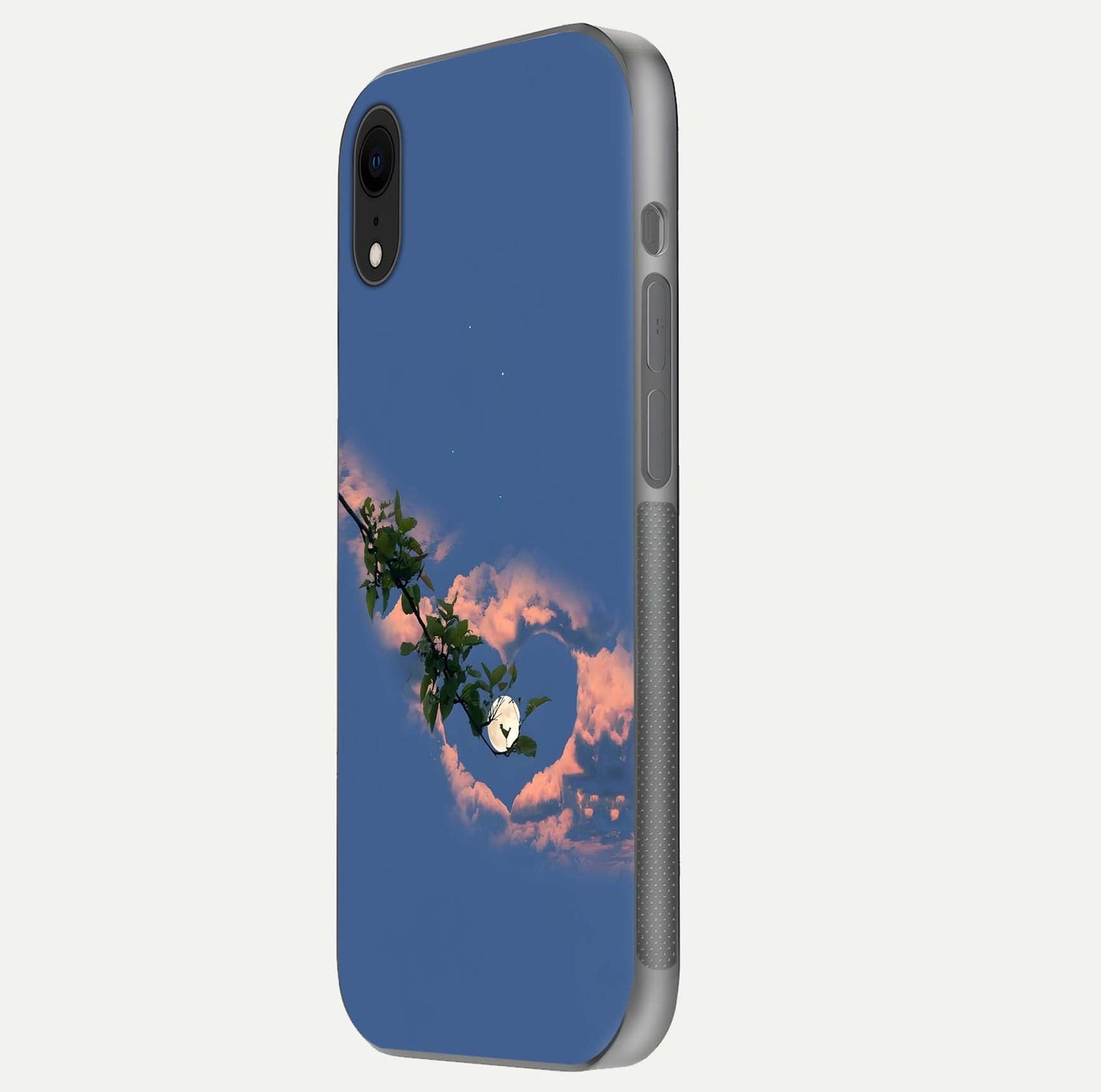 Sky Under Tree Glass Case for iPhone Xr side-angle image showing shine, edge texture, and scenic detail