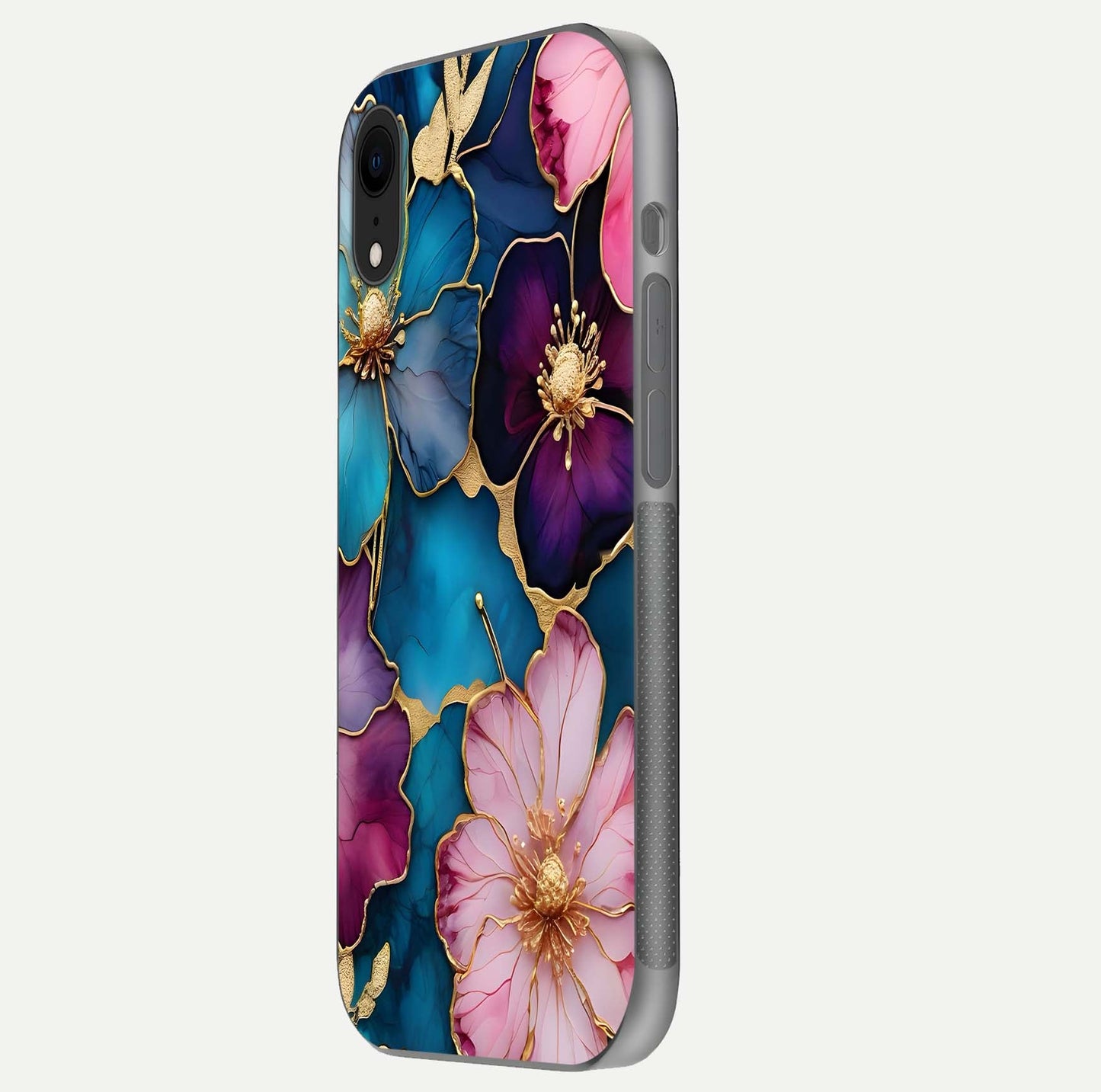 Sparkle Floral Glass Case for iPhone Xr side-angle image showing reflection, gloss, and floral texture