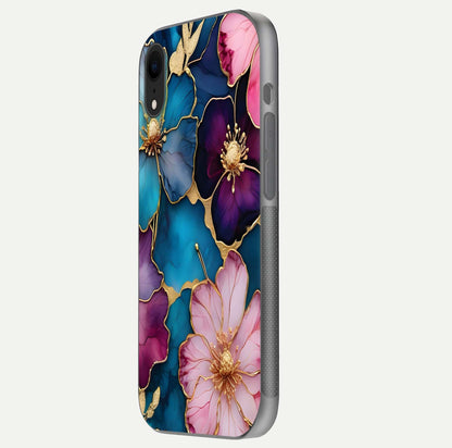 Sparkle Floral Glass Case for iPhone Xr side-angle image showing reflection, gloss, and floral texture