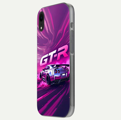 Speed Drift Legend Glass Case for iPhone Xr side-angle image showing car print reflection and surface gloss