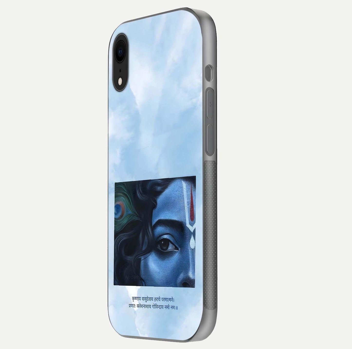 Spiritual Krishna Glass Case for iPhone 16 Pro side-angle image showing reflection and vivid artwork clarity