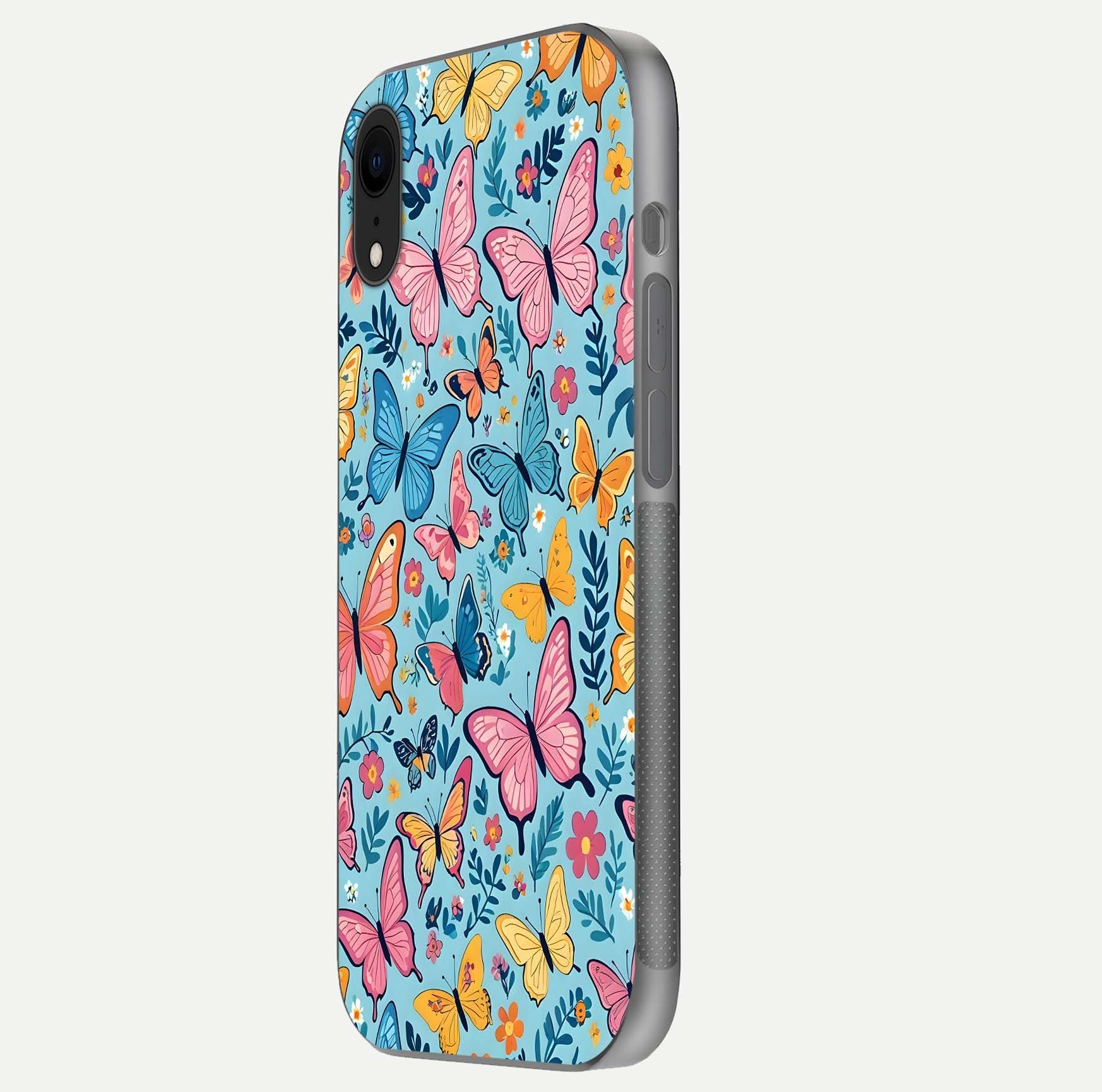 Spring Wing Garden Glass Case for iPhone Xr side-angle image showing shine, color, and pattern depth