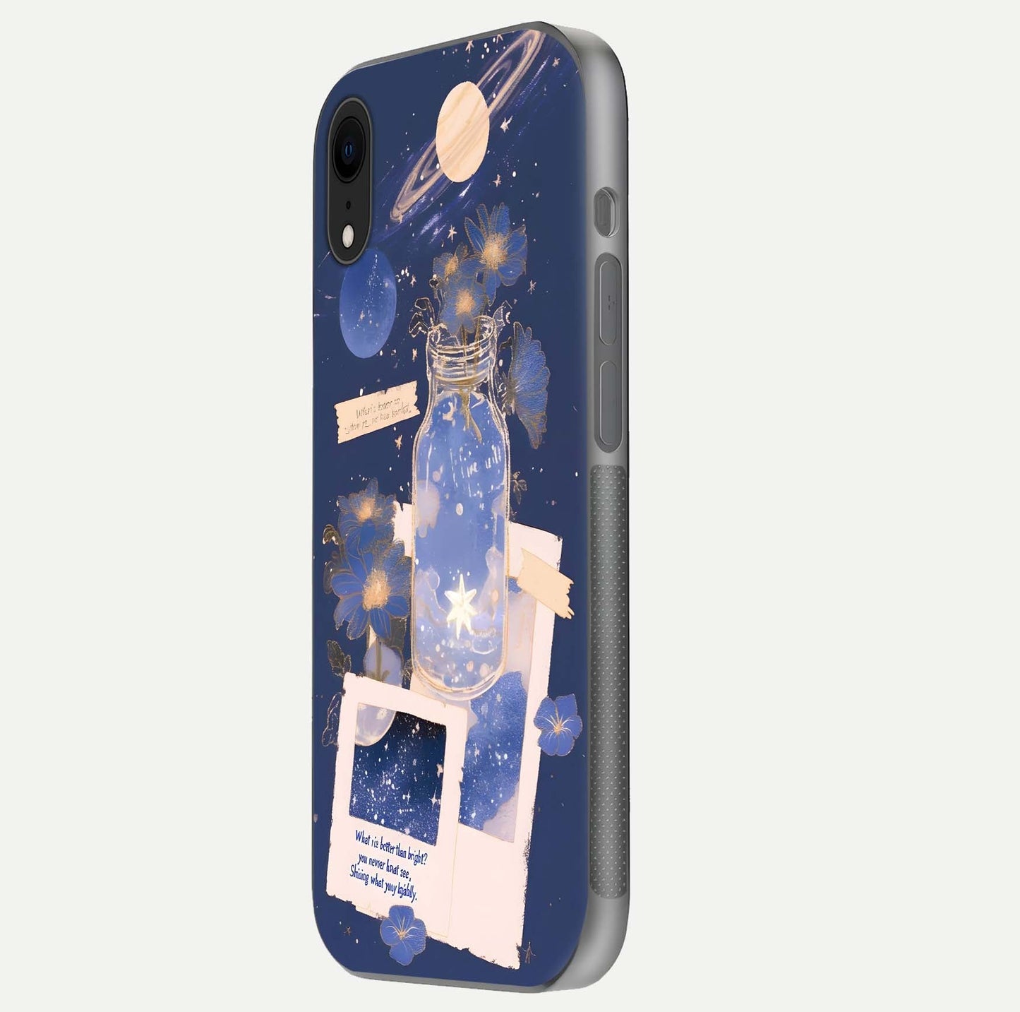 Starlit Cosmic Jar Glass Case for iPhone Xr side-angle image showing glow, texture, and light reflection