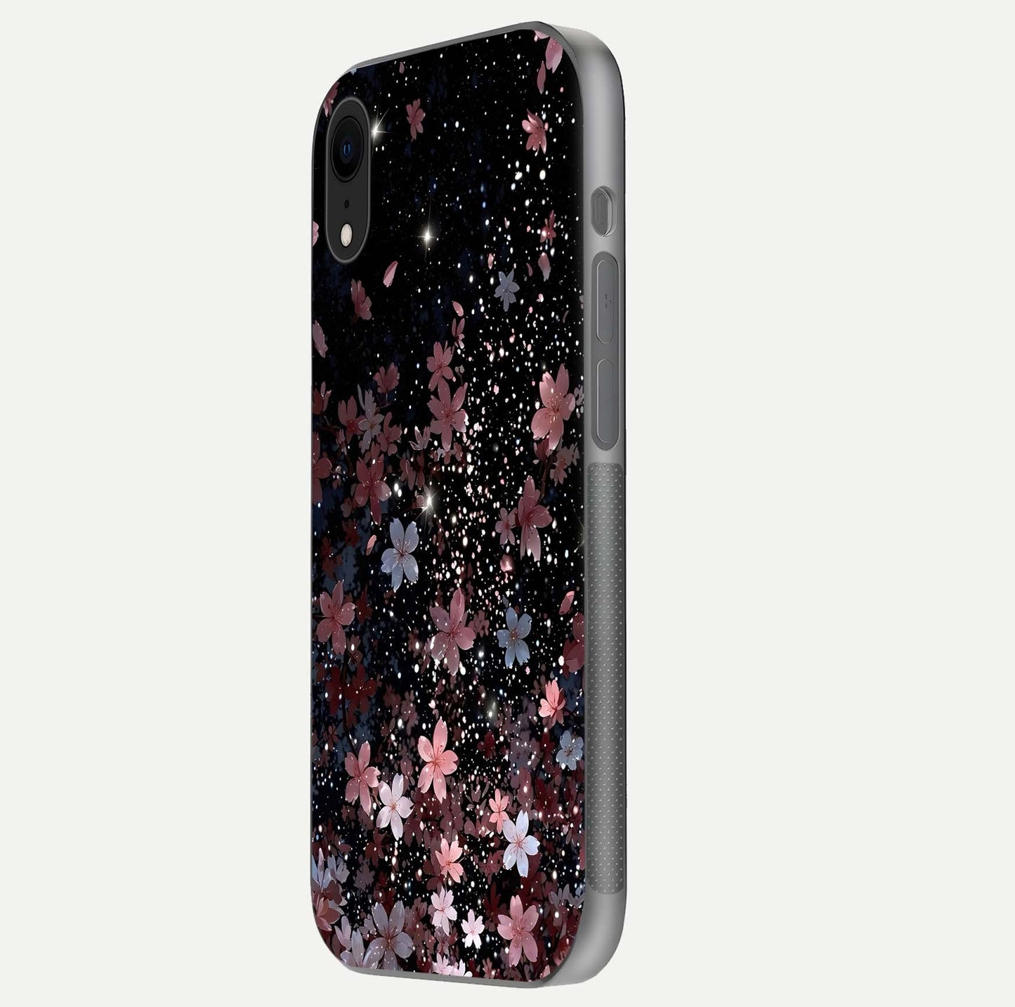 Starlit Flower Dreams Glass Case for iPhone Xr side-angle image showing shine, edge detail, and floral contrast