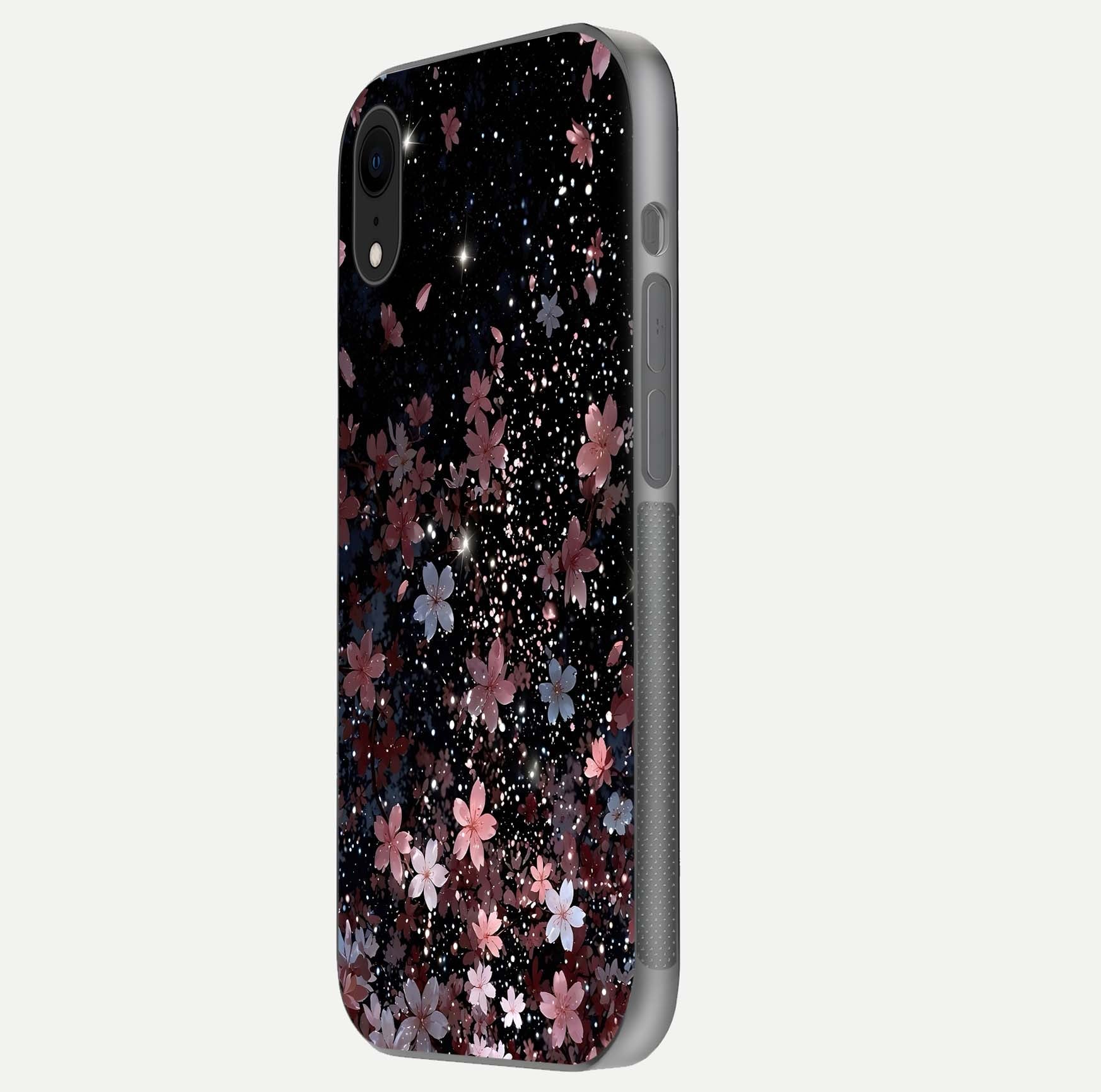 Starlit Flower Dreams Glass Case for iPhone Xr side-angle image showing shine, edge detail, and floral contrast