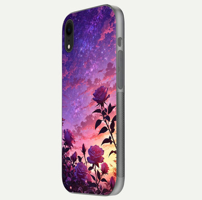 Starlit Rose Twilight Glass Case for iPhone Xr side-angle image showing reflection and petal contrast