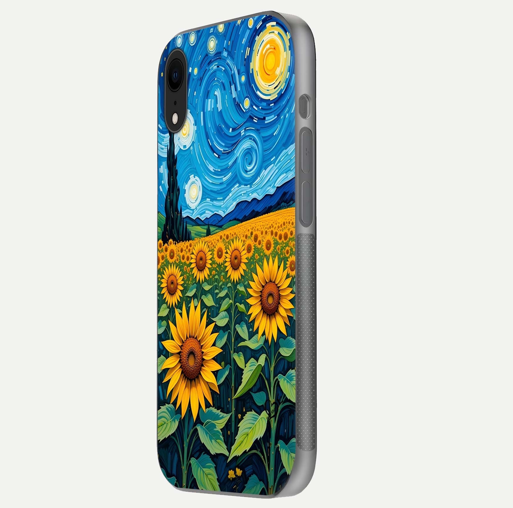Starry Sunflower Dreams Glass Case for iPhone Xr side-angle image showing reflection, stars, and yellow tone