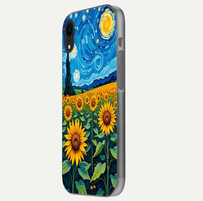 Starry Sunflower Dreams Glass Case for iPhone Xr side-angle image showing reflection, stars, and yellow tone