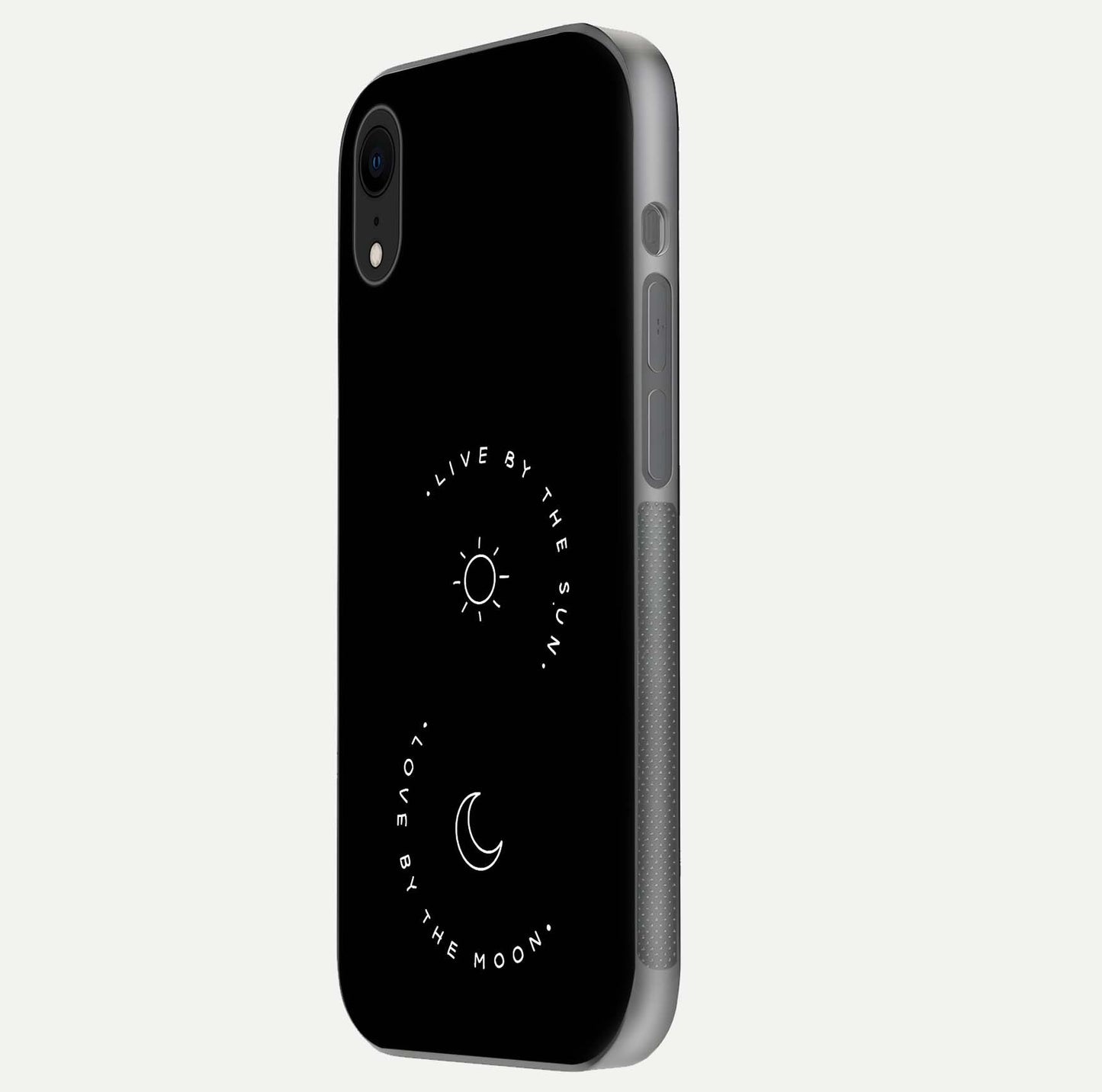 Sun Moon Balance Glass Case for iPhone Xr side-angle image showing reflection and celestial detailing