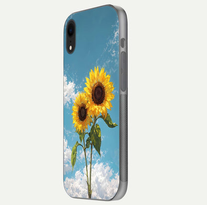 Sunflower Sky Bloom Glass Case for iPhone Xr side-angle image showing reflection, edges, and sunflower color