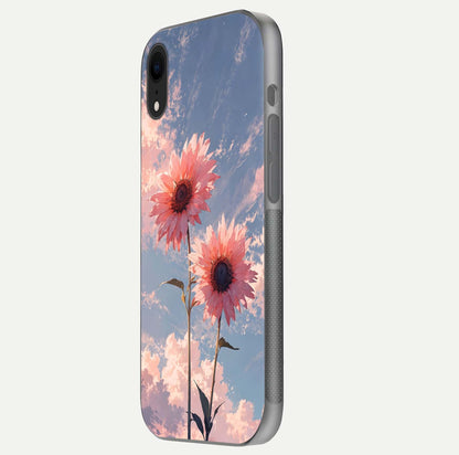 Sunlit Daisy Glow Glass Case for iPhone Xr side-angle image showing shine, gloss, and floral highlight