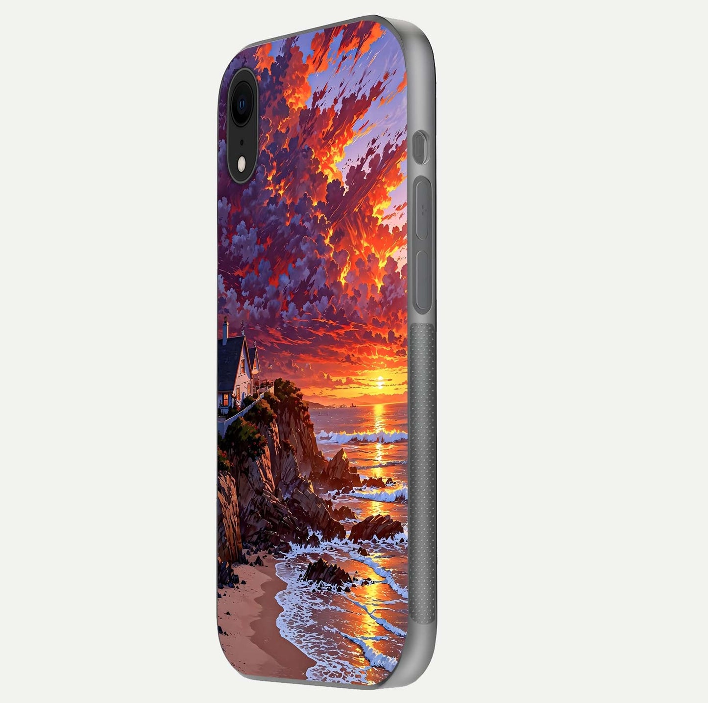 Sunset House by Sea Glass Case for iPhone Xr side-angle image showing reflection and seaside color tone