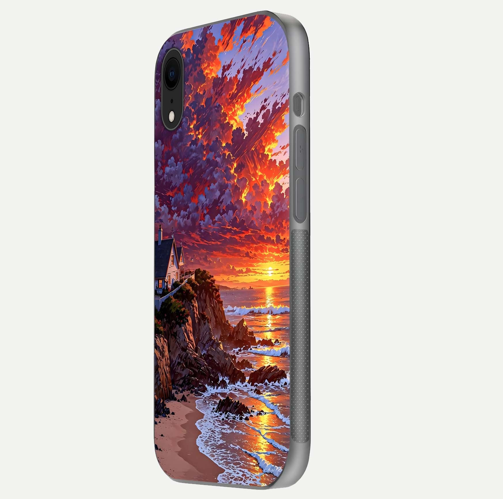 Sunset House by Sea Glass Case for iPhone Xr side-angle image showing reflection and seaside color tone