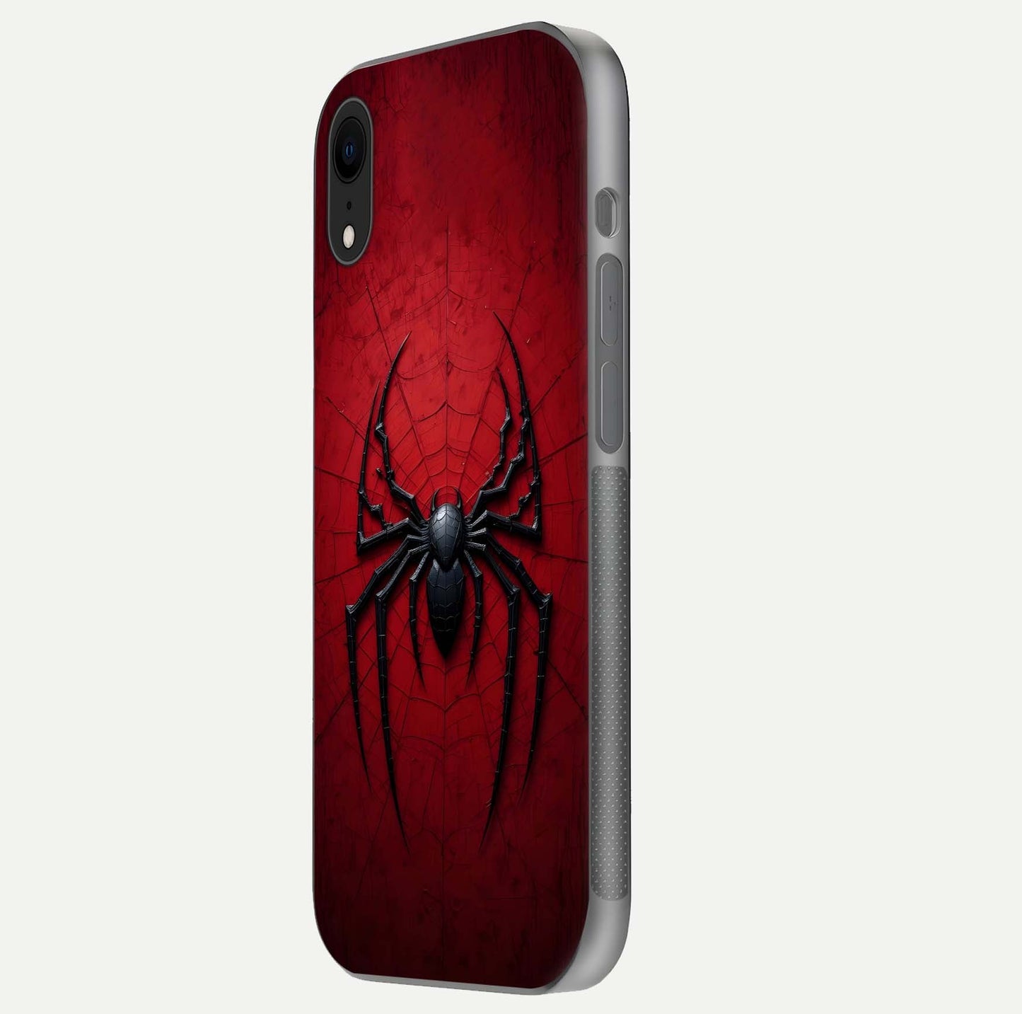 Venom Web Emblem Glass Case for iPhone Xr side-angle image showing reflection and dark color tones