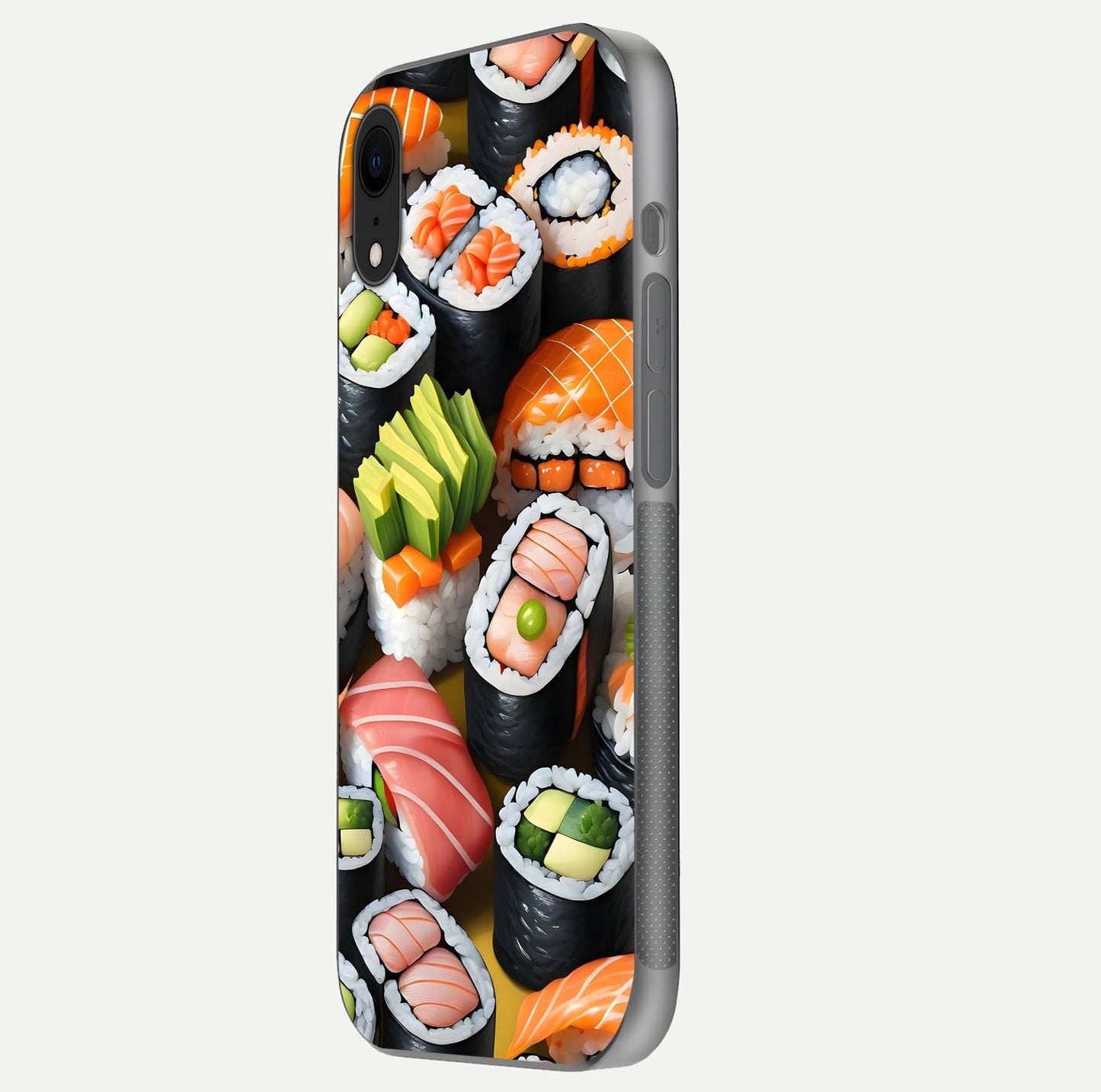 Sushi Food Pattern Glass Case for iPhone Xr side-angle image showing shine, gloss, and sushi artwork