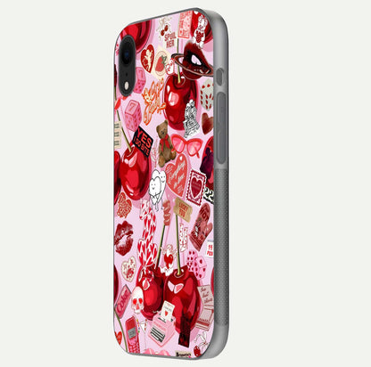 Sweet Cherry Chaos Glass Case for iPhone Xr side-angle image showing shine, gloss, and cherry details