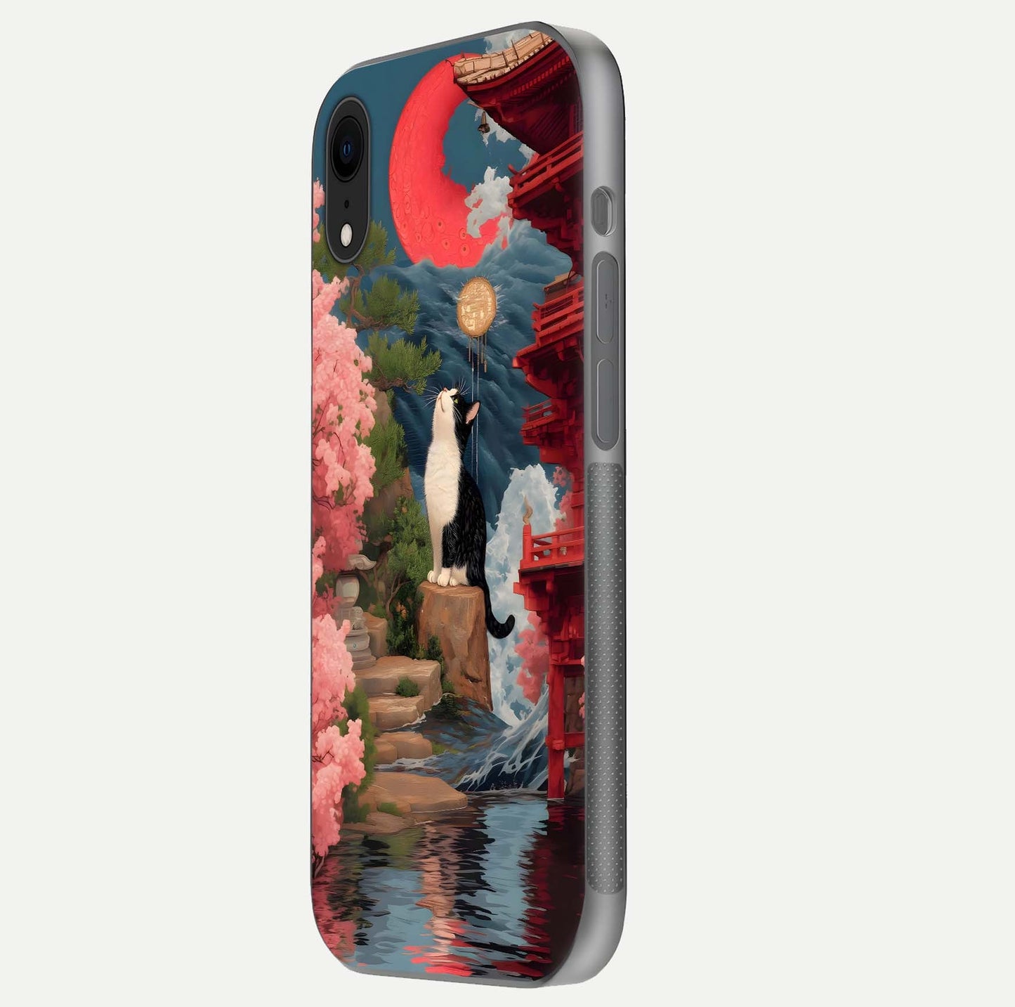 Temple Cat Scenery Glass Case for iPhone Xr side-angle image showing shine and printed temple pattern