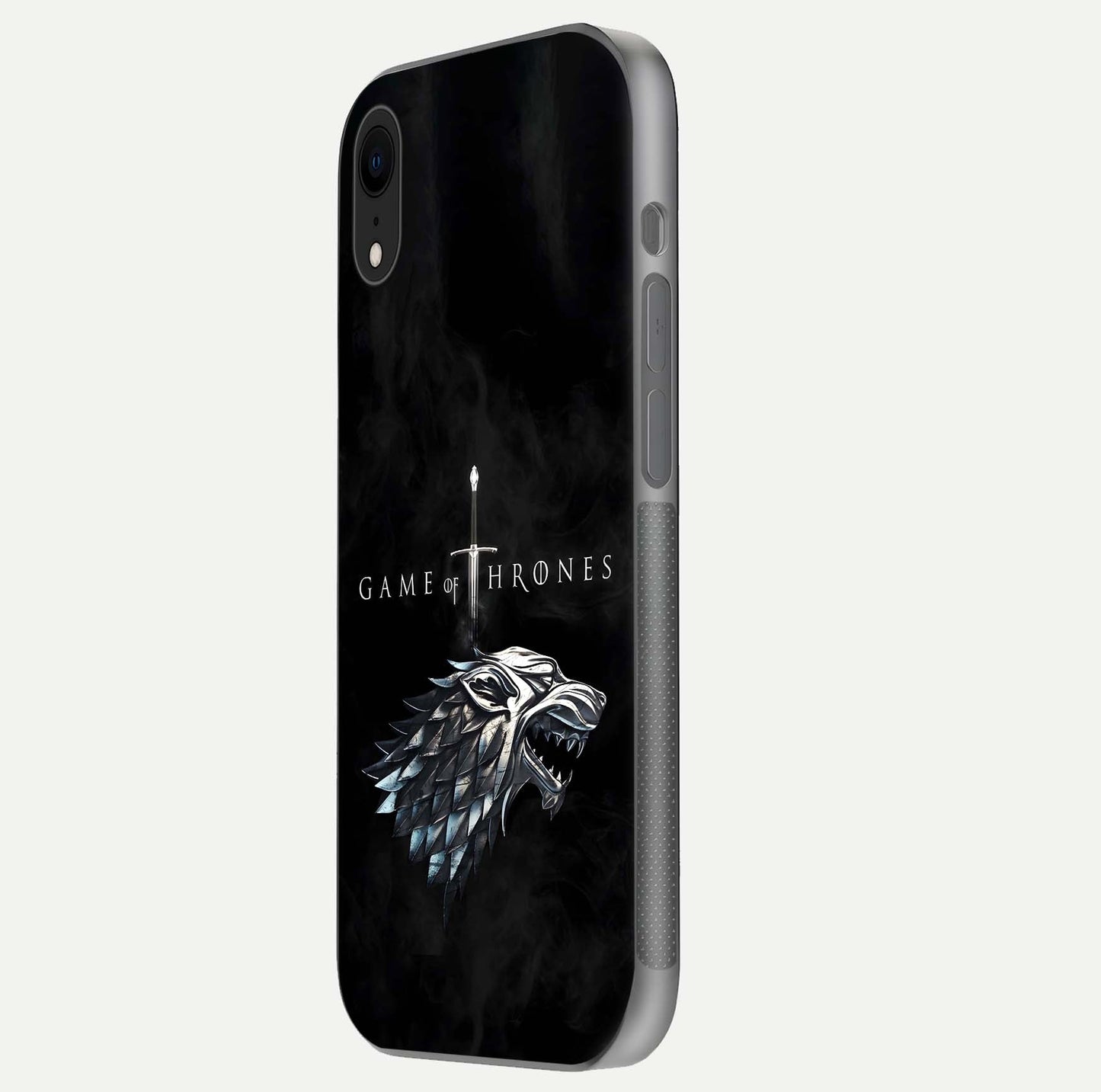 Throne Wolf Legacy Glass Case for iPhone Xr side-angle image showing gloss, texture, and HD print