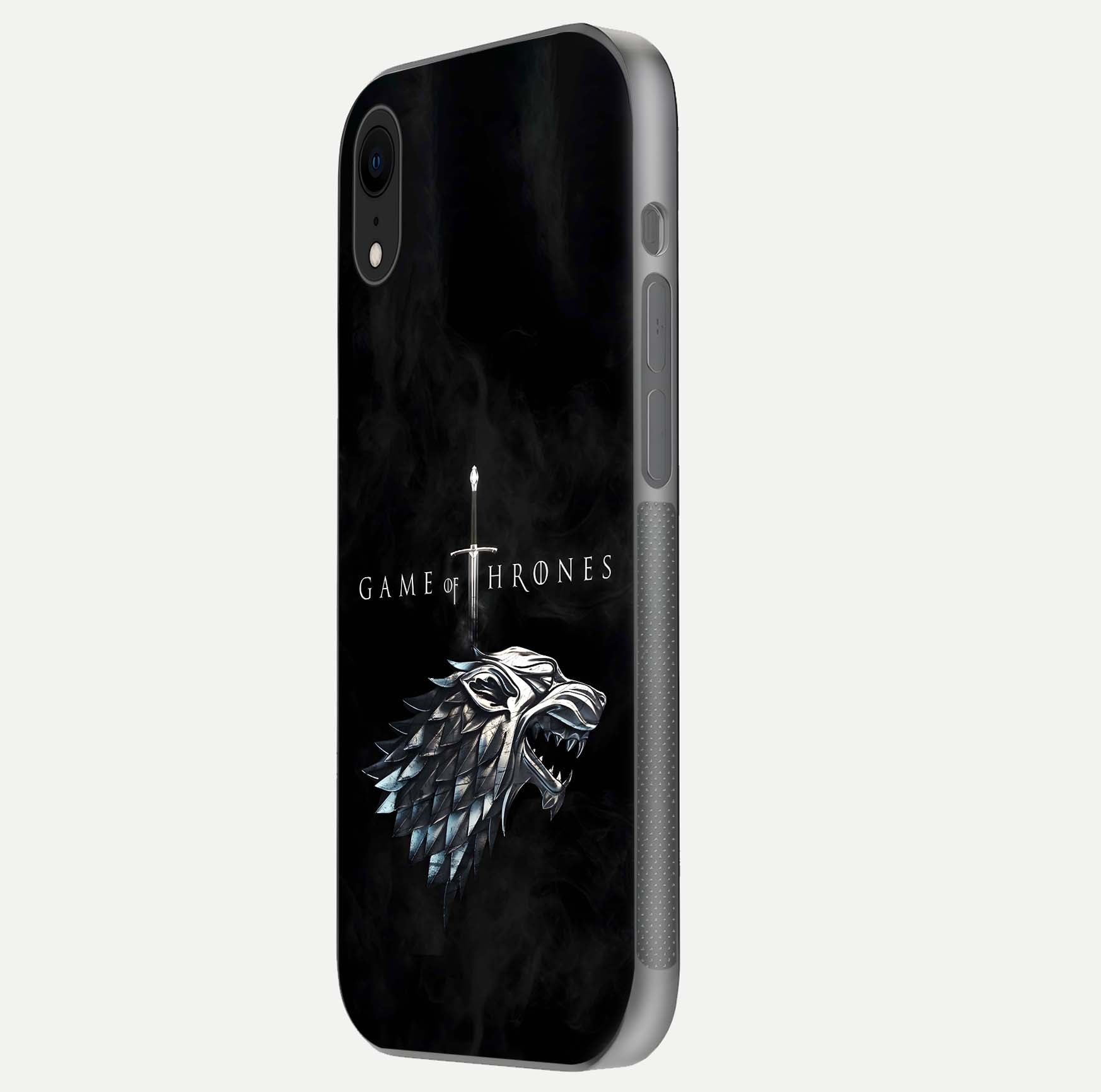 Throne Wolf Legacy Glass Case for iPhone Xr side-angle image showing gloss, texture, and HD print