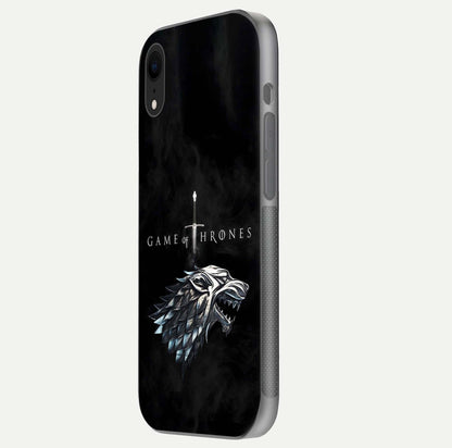 Throne Wolf Legacy Glass Case for iPhone Xr side-angle image showing gloss, texture, and HD print