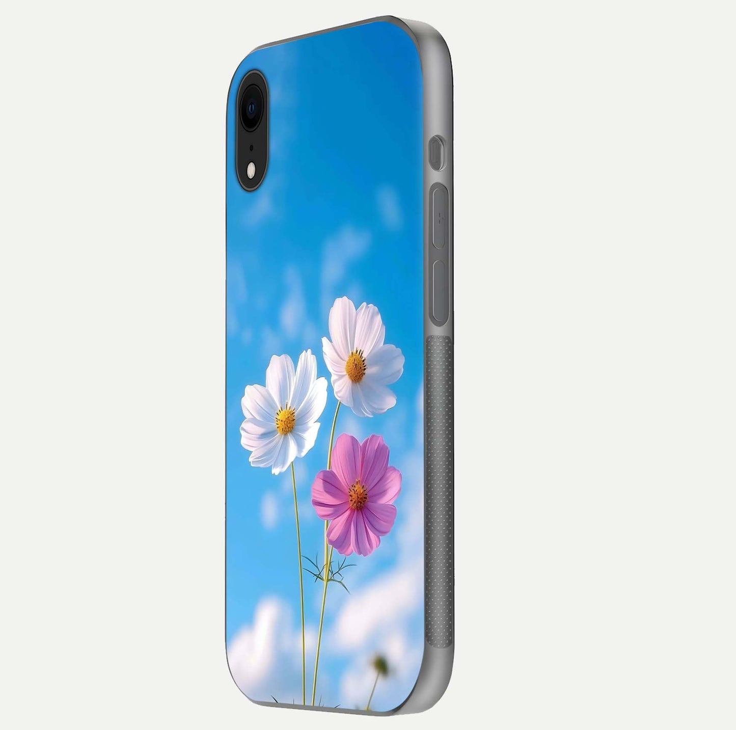 Triple Flowers With Sky Glass Case for iPhone Xr side-angle image showing gloss, texture, and floral design