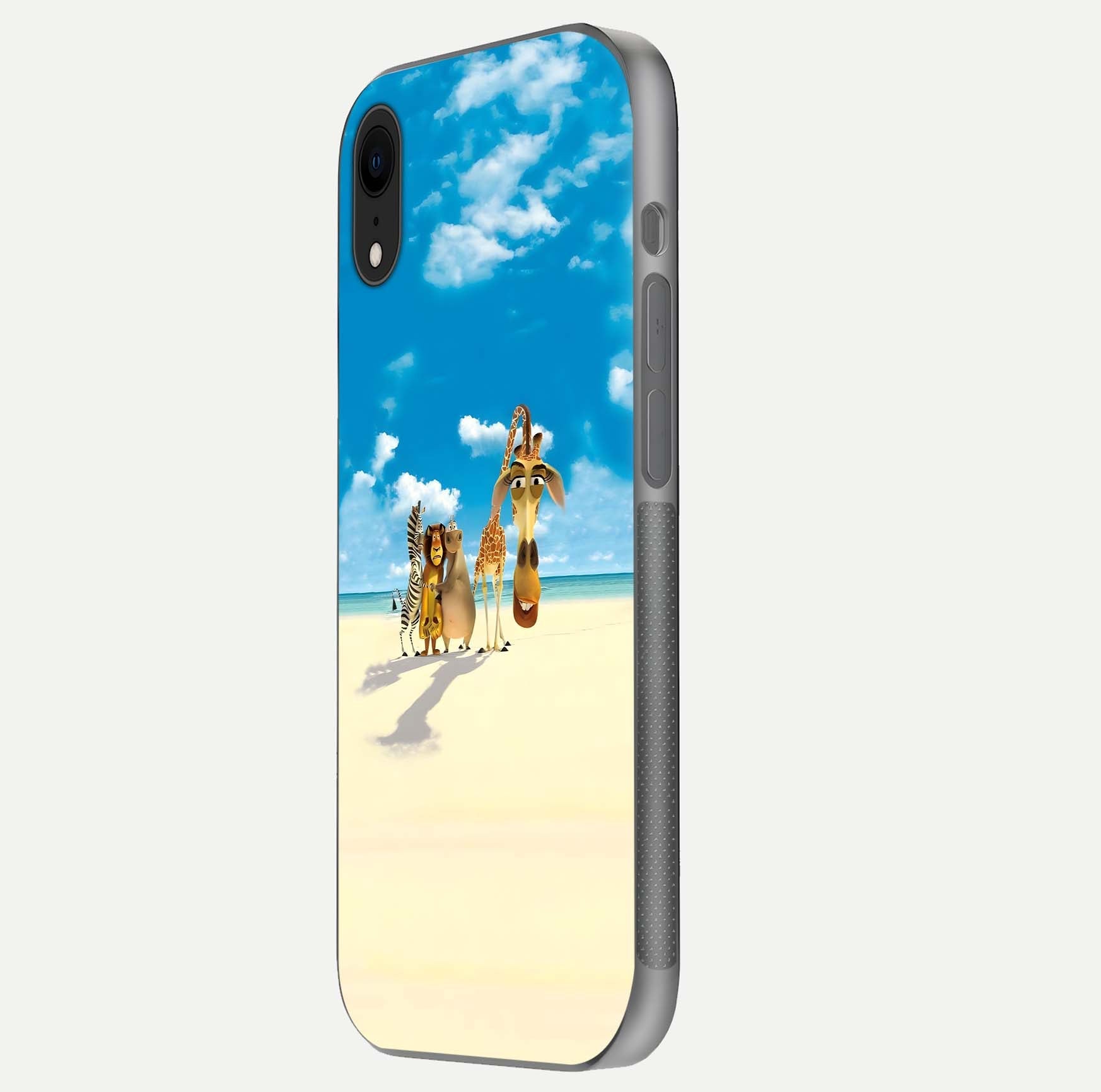 Tropical Fun Squad Glass Case for iPhone Xr side-angle image showing shine, color depth, and surface gloss