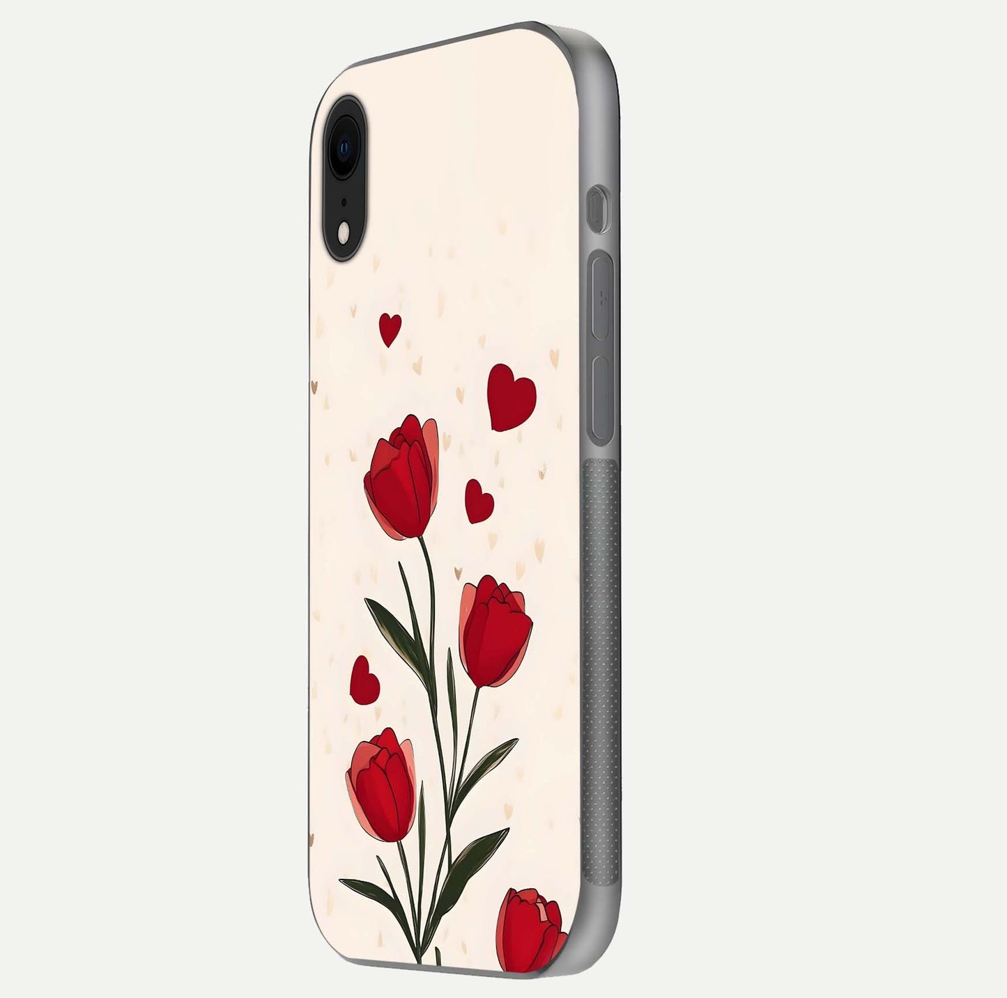 Tulip With Heart Glass Case for iPhone Xr side-angle image showing floral reflection and subtle gradient