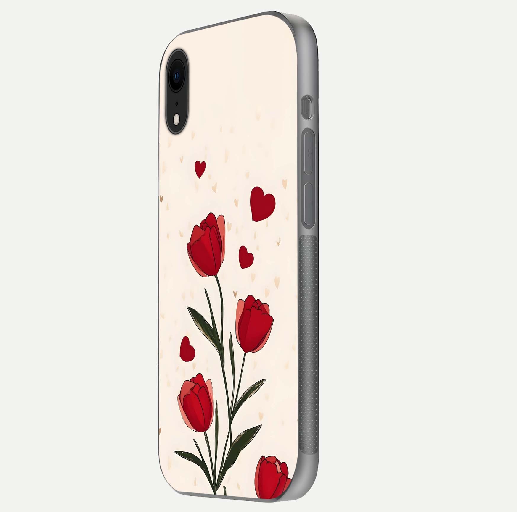 Tulip With Heart Glass Case for iPhone Xr side-angle image showing floral reflection and subtle gradient