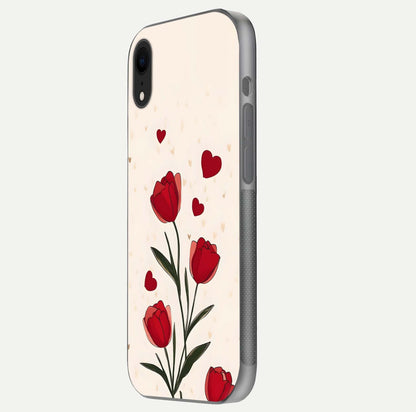 Tulip With Heart Glass Case for iPhone Xr side-angle image showing floral reflection and subtle gradient