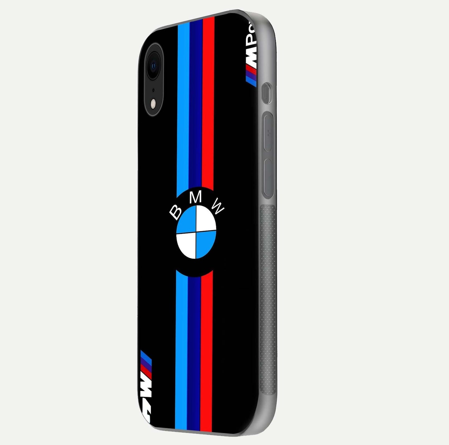 Turbo BMW Beast Glass Case for iPhone Xr side-angle image showing reflection and sleek edge styling