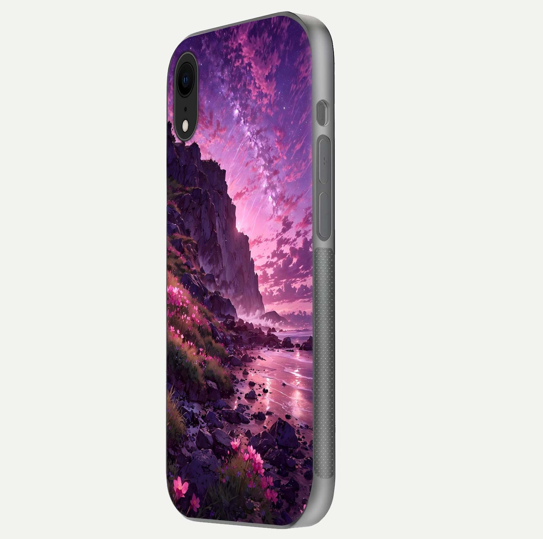 Twilight Blossom Coast Glass Case for iPhone Xr side-angle image showing shine, reflection, and petal tone