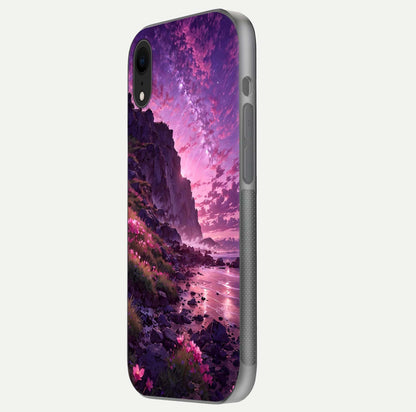 Twilight Blossom Coast Glass Case for iPhone Xr side-angle image showing shine, reflection, and petal tone