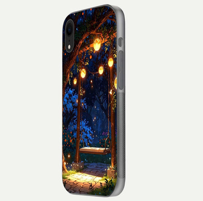 Twilight Garden Swing Glass Case for iPhone Xr side-angle image showing reflection, gloss, and scenic depth