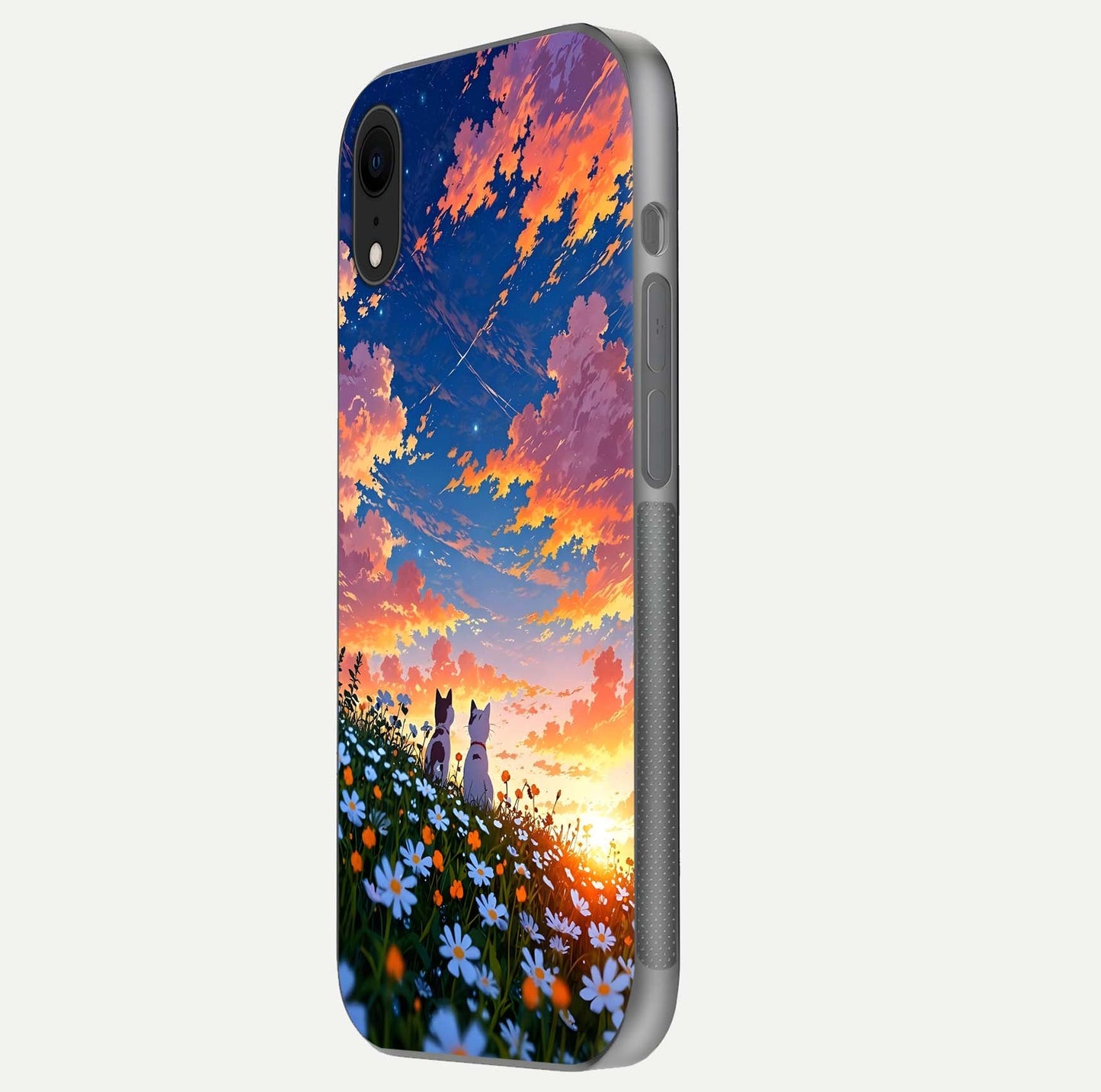 Two Cats Friends Glass Case for iPhone Xr side-angle image showing reflection, gloss, and color depth