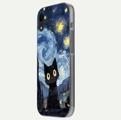 Van Gogh Cat Glass Case for iPhone Xr side-angle image showing light reflection and vivid artwork