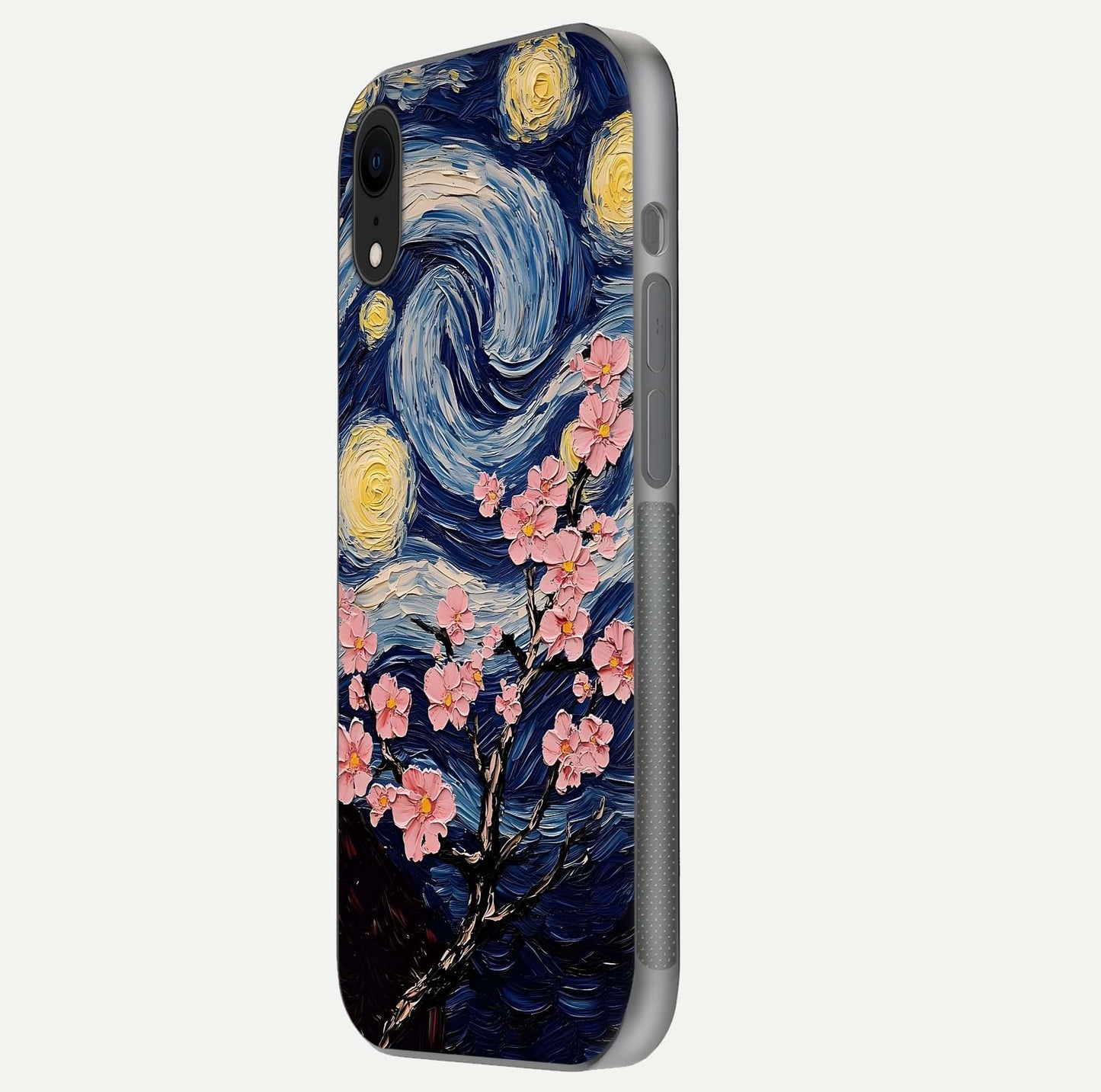Van Gogh Scenery Glass Case for iPhone Xr side-angle image showing shine, gloss, and scenic color palette