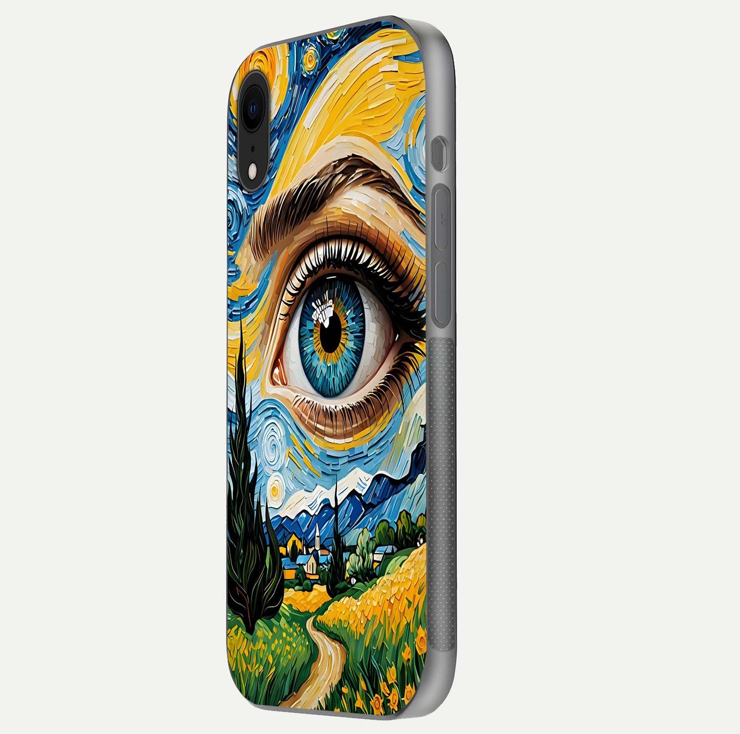 Van Gogh Eye Glass Case for iPhone 16 Pro side-angle image showing reflection, gloss, and artistic contrast
