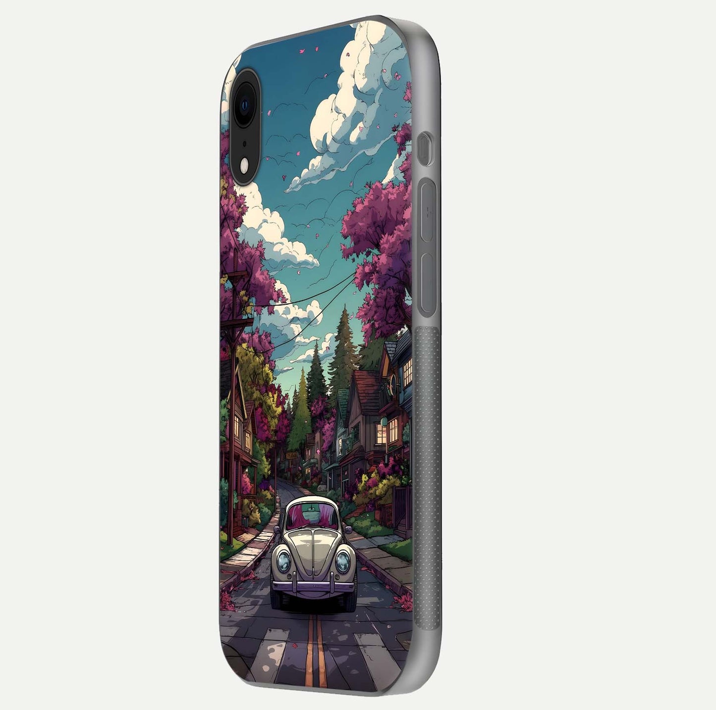 Vintage Street Drive Glass Case for iPhone 16 Pro side-angle image showing gloss reflection and design detail