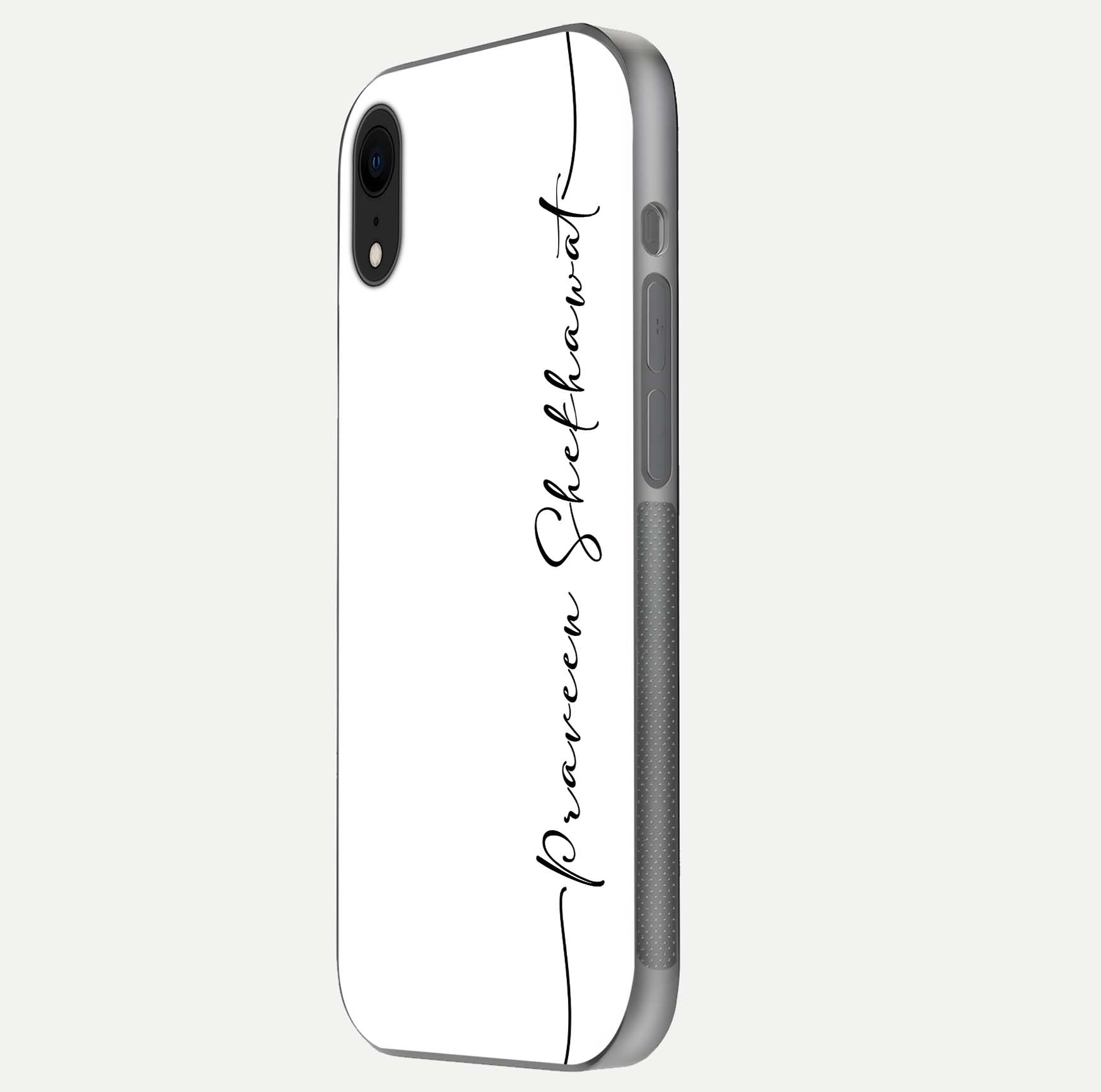 White Tune Custom Name Glass Case for iPhone 16 Pro side-angle image showing shine, gloss, and minimal tone