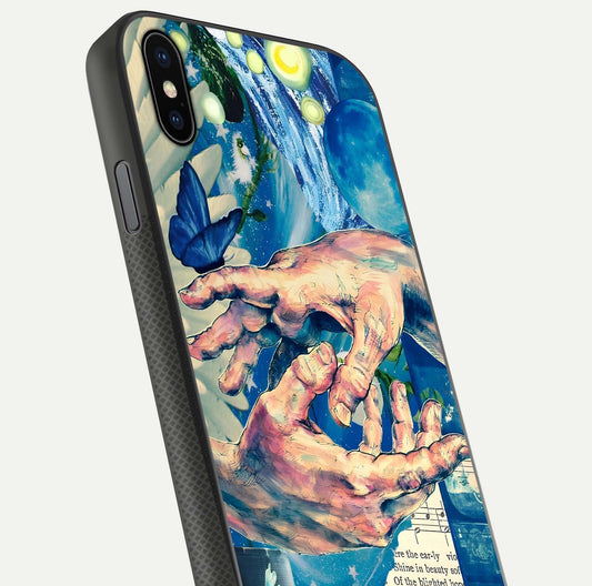 Aesthetic Divider Glass Case for iPhone Xs close-up angled shot showing detailed divider artwork and gloss reflection