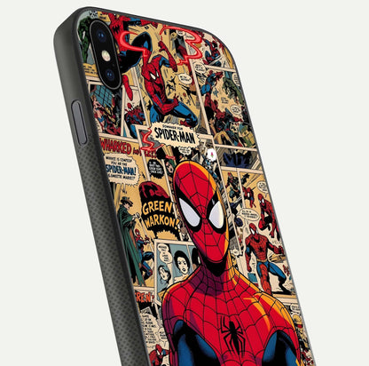 Aesthetic Spider Man Glass Case for iPhone 16 Pro close-up angled shot showing detailed Spider-Man artwork and gloss reflection